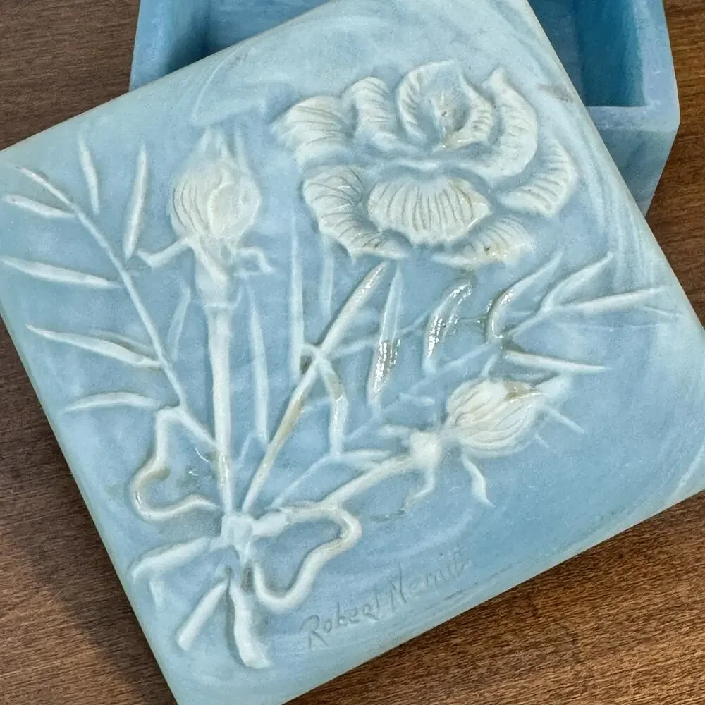 Vintage Robert Nerrin Design Gifts Intern'l Inc. Blue Floral Trinket Box USA